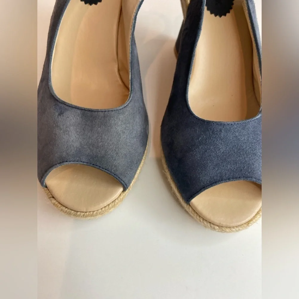 Audrey Brooke~Blue Faux Suede~Espadrille Cork Wedge~Peep Toe~Sandal~Size 8.5B